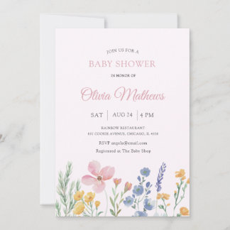 Watercolor Pink Wildflower Baby Shower Invitation