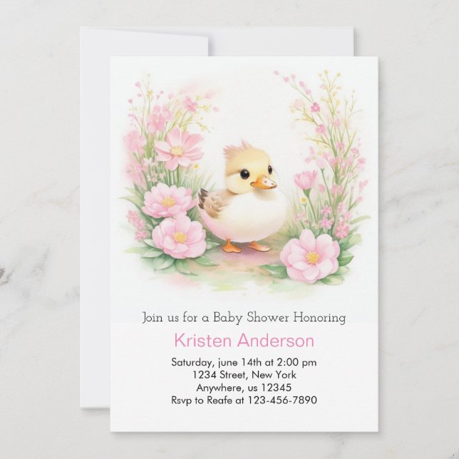 Watercolor Pink Wildflower Duck Girl Baby Shower Invitation (Front)