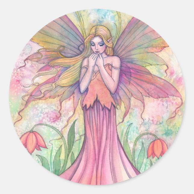 Watercolor PInk Wildflower Fairy Fantasy Art Classic Round Sticker (Front)