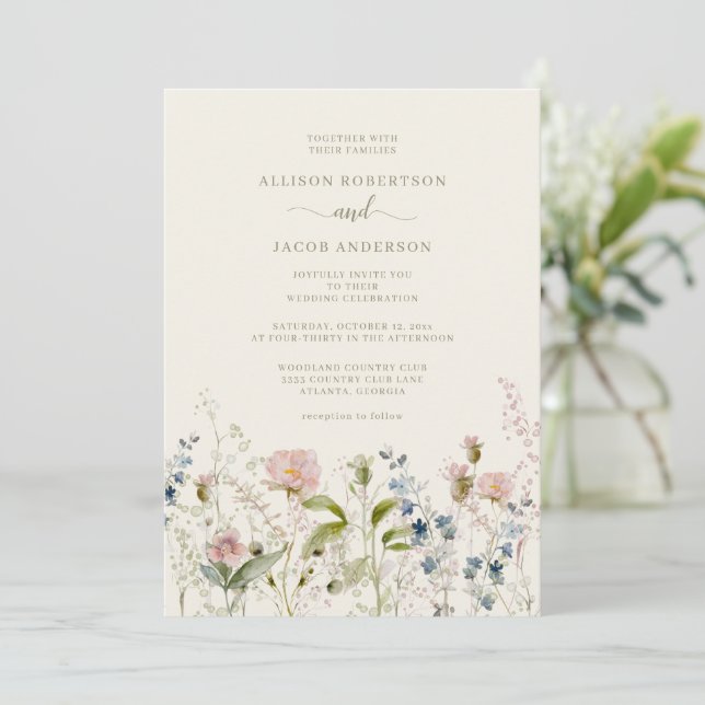 Watercolor Pink Wildflower Floral Ivory Wedding Invitation (Standing Front)