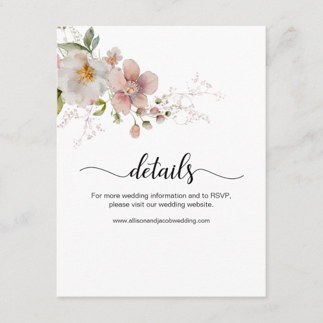 Watercolor Pink Wildflower Floral Wedding Details Enclosure Card (Front)