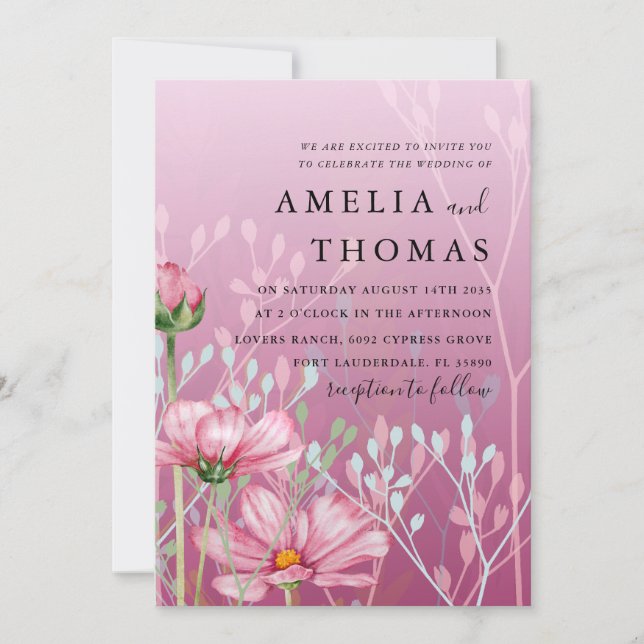 Watercolor Pink Wildflower & Foliage Wedding Invitation (Front)