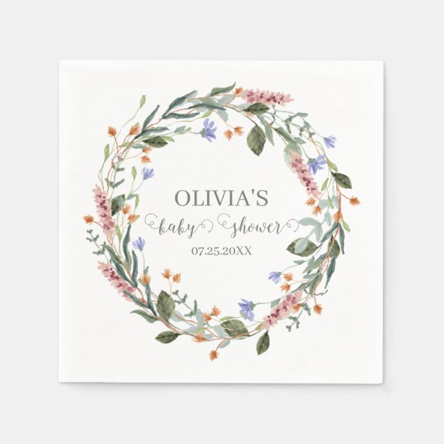 Watercolor Pink Wildflower Rustic Boho Baby Shower Napkin (Front)