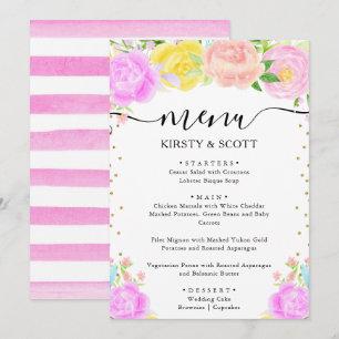 Watercolor Pink, Yellow & Blue Flowers Wedding Menu