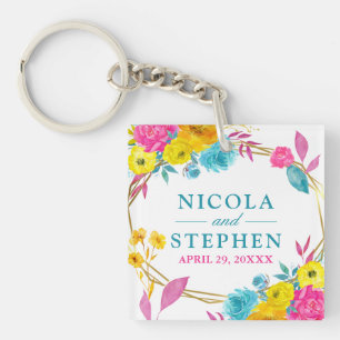 Watercolor Pink Yellow Blue Summer Flowers Wedding Key Ring