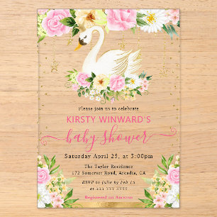 Watercolor Pink & Yellow Flowers Swan Baby Shower Acrylic Invitations