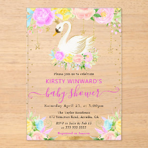 Watercolor Pink & Yellow Flowers Swan Baby Shower Acrylic Invitations