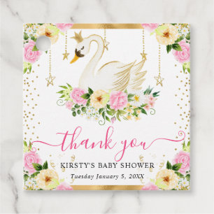 Watercolor Pink Yellow Flowers Swan Baby Shower Favour Tags