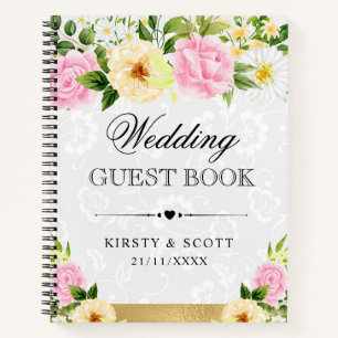 Watercolor Pink Yellow Flowers Wedding Guest Book