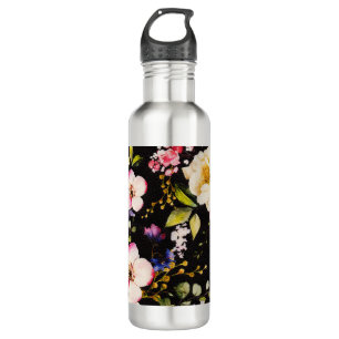 Watercolor Pink Yellow Roses Black Background 710 Ml Water Bottle