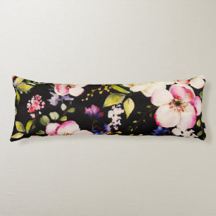Watercolor Pink Yellow Roses Black Background Body Cushion