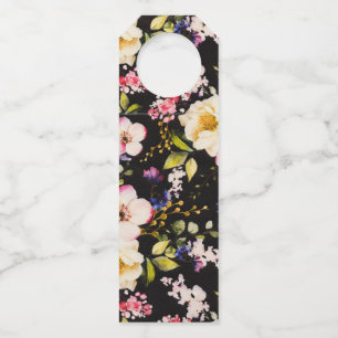 Watercolor Pink Yellow Roses Black Background Bottle Tag