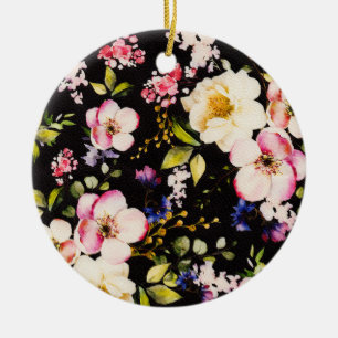 Watercolor Pink Yellow Roses Black Background Ceramic Tree Decoration