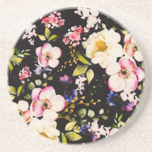 Watercolor Pink Yellow Roses Black Background Coaster
