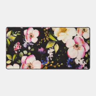 Watercolor Pink Yellow Roses Black Background Desk Mat