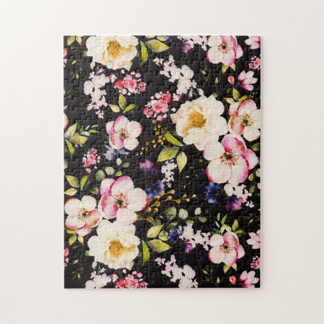 Watercolor Pink Yellow Roses Black Background Jigsaw Puzzle (Vertical)