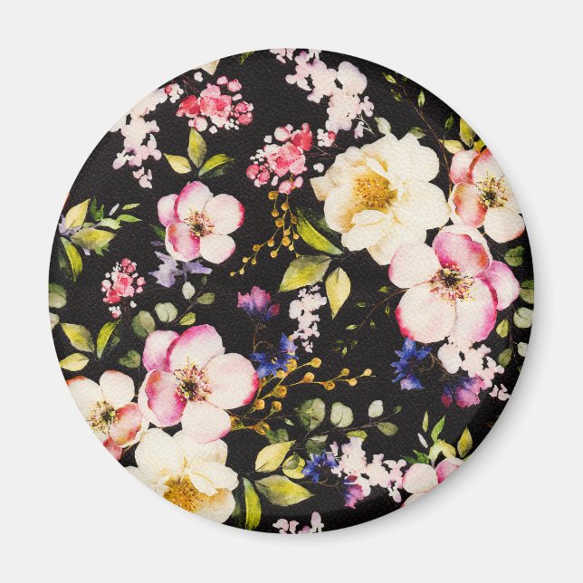 Watercolor Pink Yellow Roses Black Background Magnet (Front)