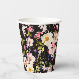 Watercolor Pink Yellow Roses Black Background Paper Cups