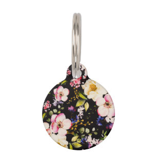Watercolor Pink Yellow Roses Black Background Pet Tag