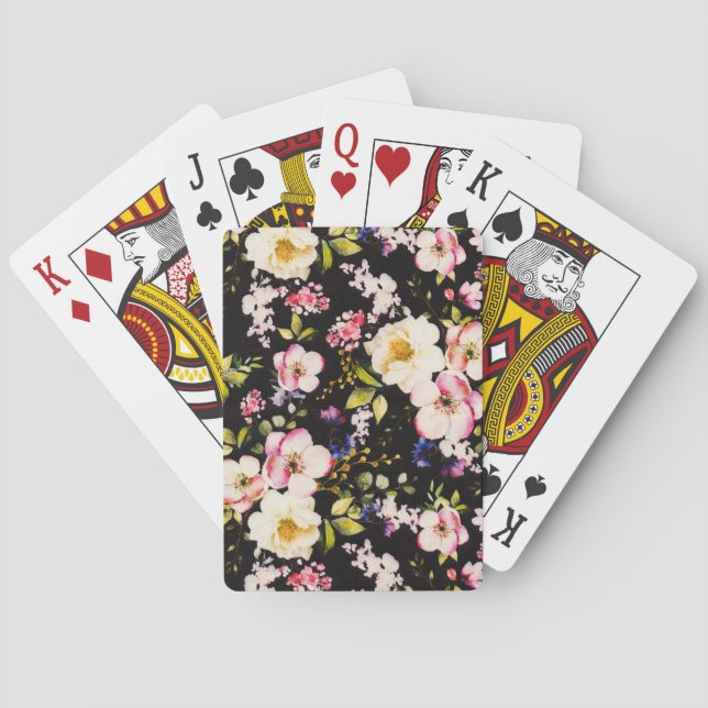Watercolor Pink Yellow Roses Black Background Playing Cards (Back)