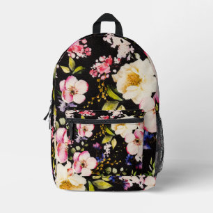 Watercolor Pink Yellow Roses Black Background Printed Backpack