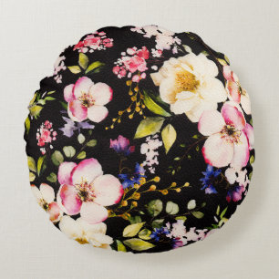 Watercolor Pink Yellow Roses Black Background Round Cushion