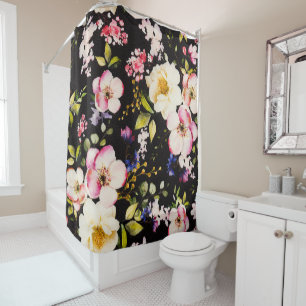 Watercolor Pink Yellow Roses Black Background Shower Curtain