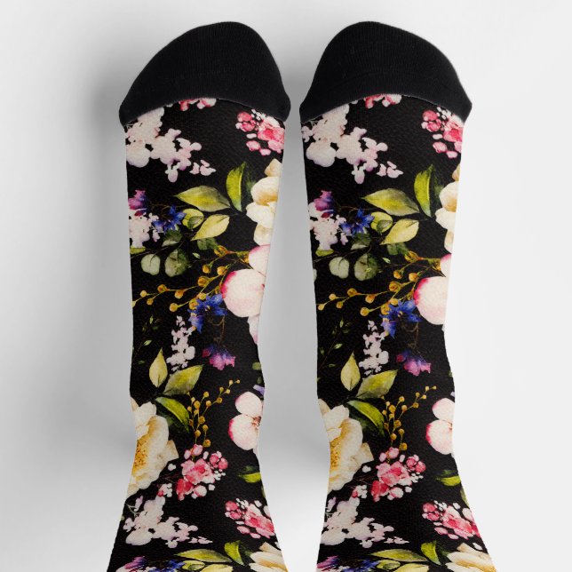 Watercolor Pink Yellow Roses Black Background Socks (Top)