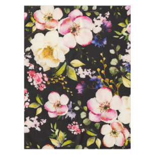 Watercolor Pink Yellow Roses Black Background Tablecloth