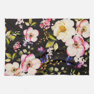 Watercolor Pink Yellow Roses Black Background Tea Towel