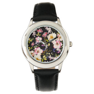 Watercolor Pink Yellow Roses Black Background Watch