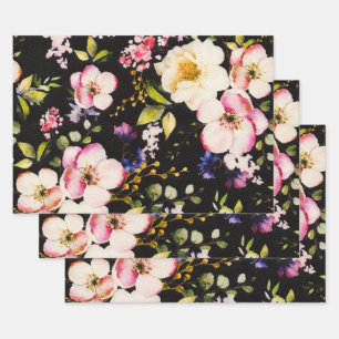 Watercolor Pink Yellow Roses Black Background Wrapping Paper Sheet