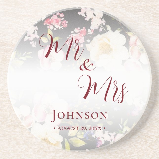 Watercolor Pink Yellow Roses,black blurred,Wedding Coaster (Front)