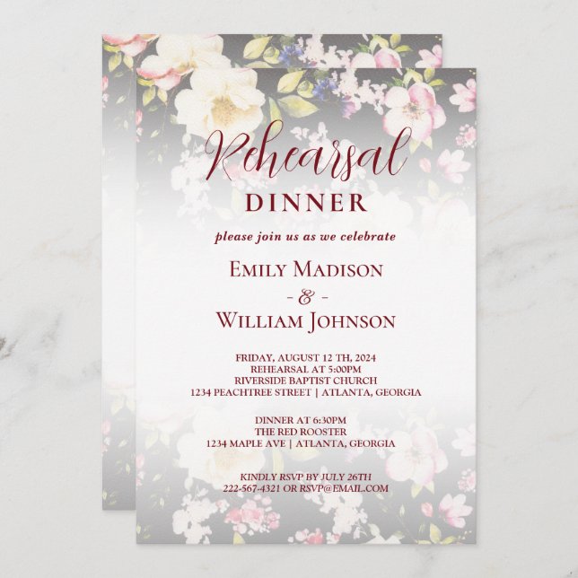 Watercolor Pink Yellow Roses,black blurred,Wedding Invitation (Front/Back)