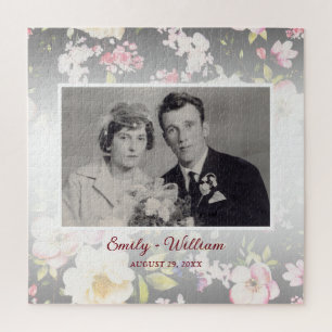 Watercolor Pink Yellow Roses,black blurred,Wedding Jigsaw Puzzle
