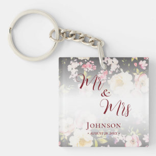 Watercolor Pink Yellow Roses,black blurred,Wedding Key Ring