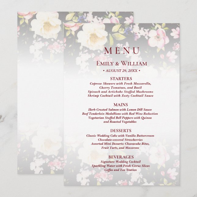Watercolor Pink Yellow Roses,black blurred,Wedding Menu (Front/Back)