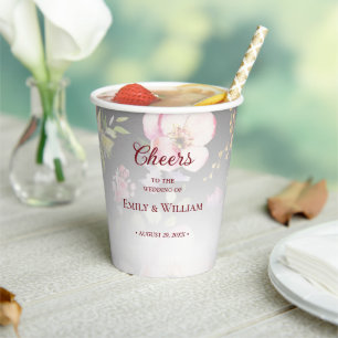 Watercolor Pink Yellow Roses,black blurred,Wedding Paper Cups