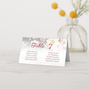 Watercolor Pink Yellow Roses,black blurred,Wedding Place Card