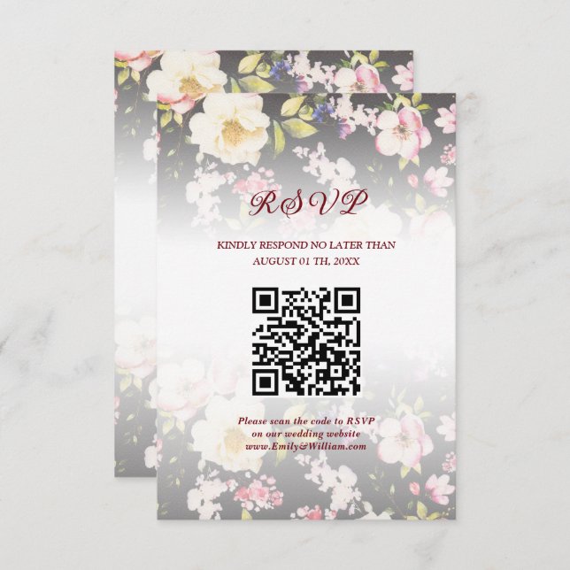 Watercolor Pink Yellow Roses,black blurred,Wedding RSVP Card (Front/Back)