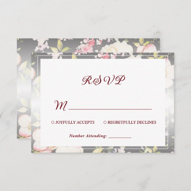 Watercolor Pink Yellow Roses,black blurred,Wedding RSVP Card (Front/Back)