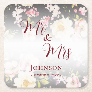 Watercolor Pink Yellow Roses,black blurred,Wedding Square Paper Coaster