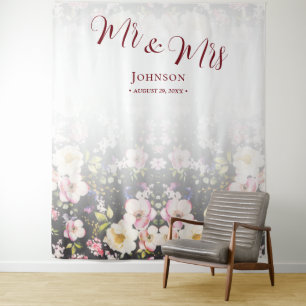 Watercolor Pink Yellow Roses,black blurred,Wedding Tapestry