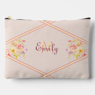 Watercolor Pink Yellow Roses, Lines, Monogram Accessory Pouch