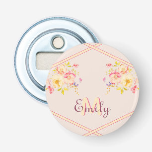 Watercolor Pink Yellow Roses, Lines, Monogram Bottle Opener