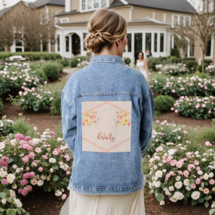 Watercolor Pink Yellow Roses, Lines, Monogram Denim Jacket