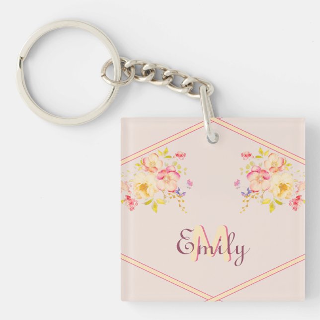 Watercolor Pink Yellow Roses, Lines, Monogram Key Ring (Front)