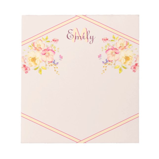 Watercolor Pink Yellow Roses, Lines, Monogram Notepad (Front)