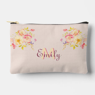 Watercolor Pink Yellow Roses, Monogram Accessory Pouch