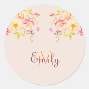 Watercolor Pink Yellow Roses, Monogram Classic Round Sticker